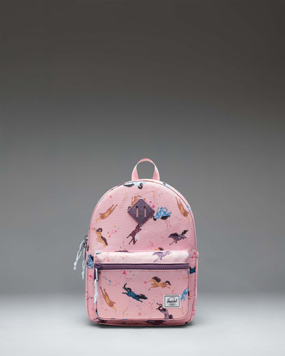Herschel Heritage Kids Backpack in Wild Horses, featuring a brown horse pattern on a blue background with a brown diamond accent.