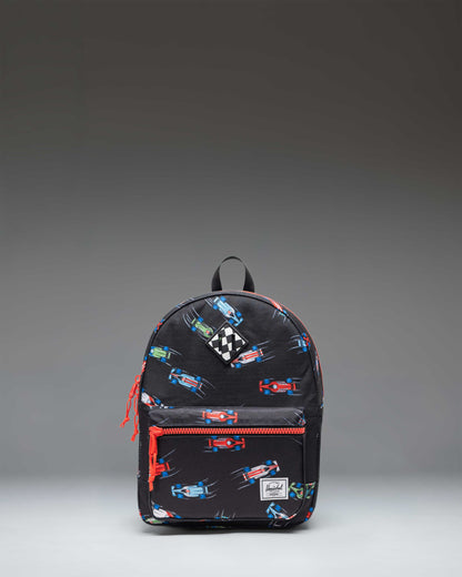 Herschel Heritage Kids Backpack in Race Cars pattern, featuring a colorful race car print on a dark background.