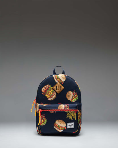 Herschel Heritage Kids Backpack in color 19-3921TCX/17-1558TCX, showing the front design with a zippered pocket and key clip.