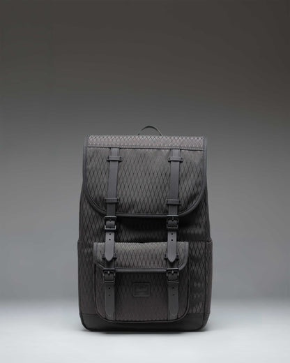 Herschel Little America Mid Backpack in Black Diamond/Black, featuring a classic mountaineering design with dual rubber straps and front pocket.
