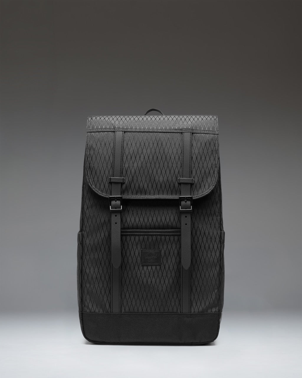 Front view of the Herschel Retreat Backpack in Black Diamond/Black.
