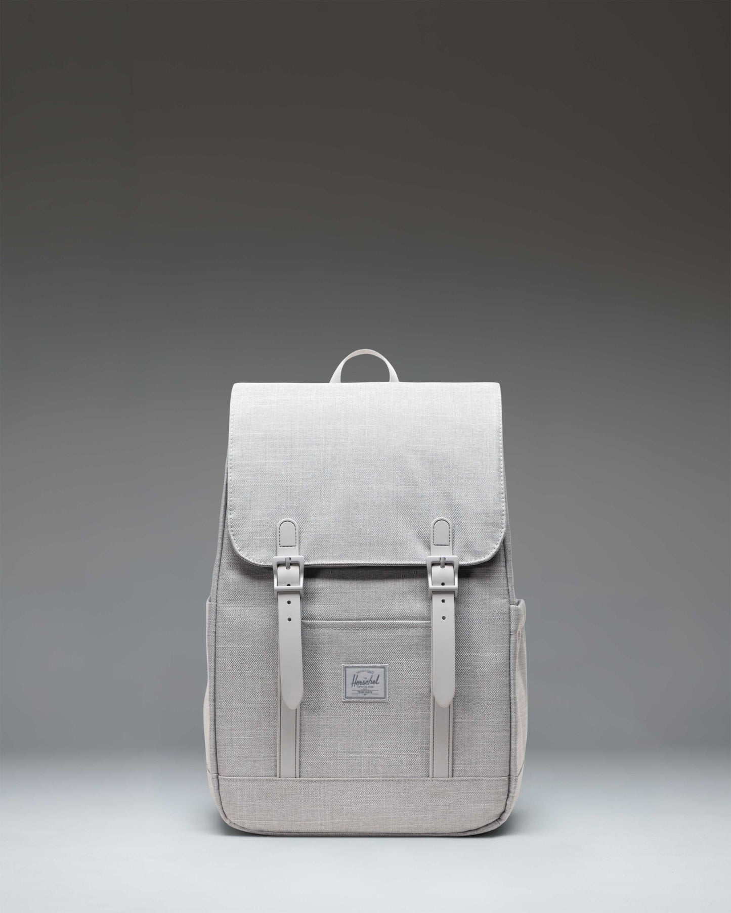 Herschel Retreat Small Backpack in Grey Crosshatch featuring a classic mountaineering design with dual magnetic strap closures.