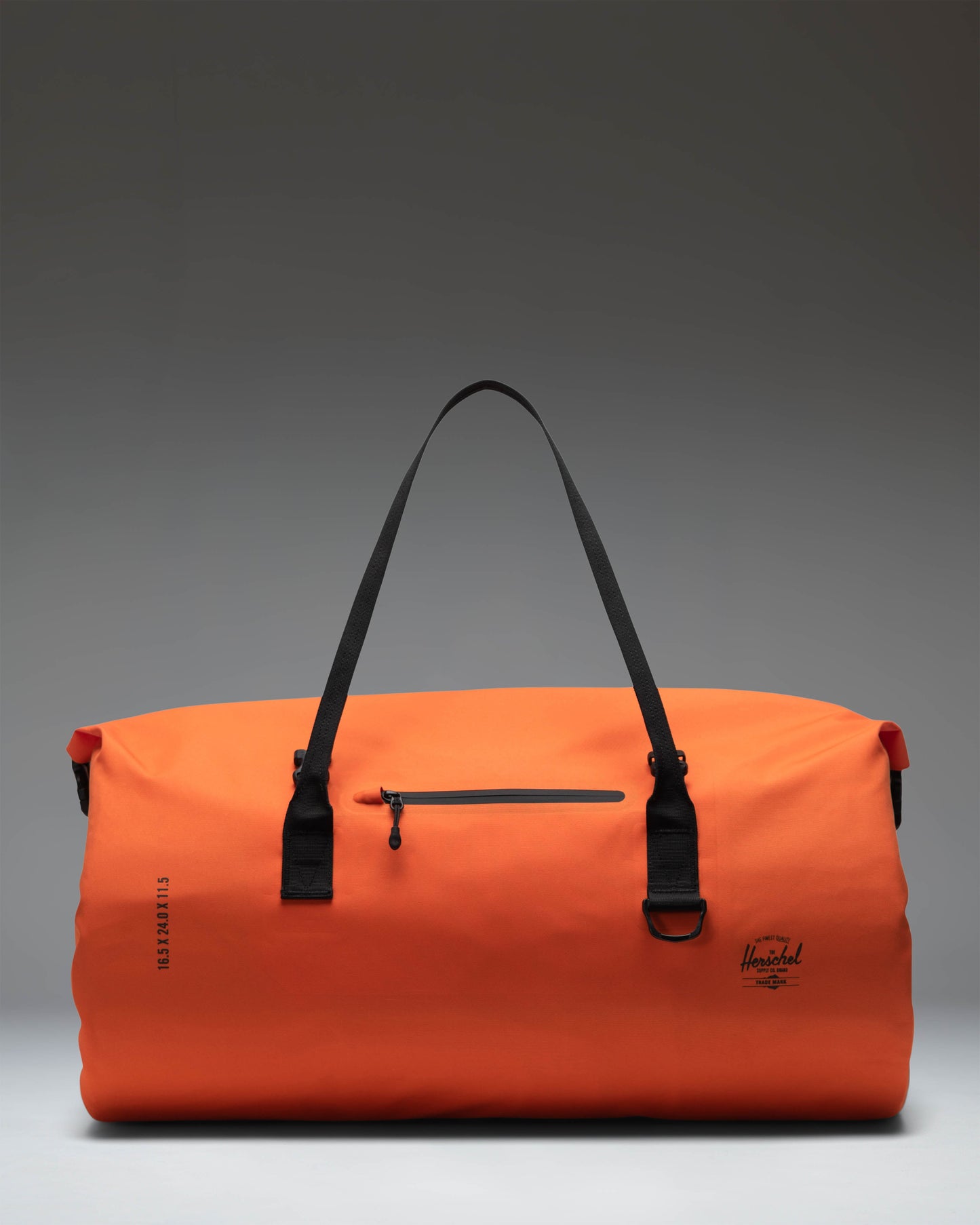 Herschel Supply Co. Dry Bag Duffle 55L in Vermillion Orange shown from a side view, featuring its waterproof design and durable carry straps.