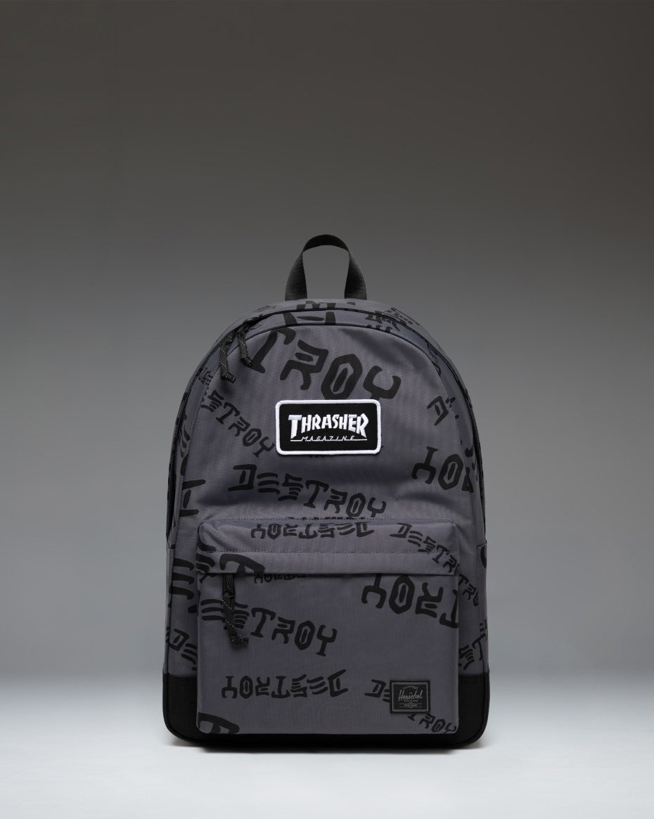 Herschel Supply Co. x Thrasher Classic XL Backpack Nylon in Asphalt/Black Destroy with signature branding and dual water bottle pockets.