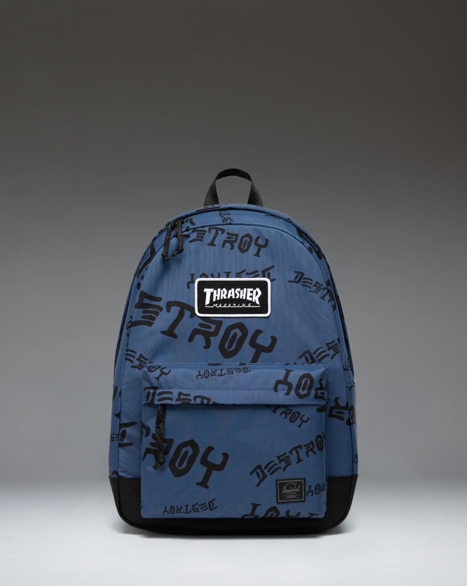 Herschel Supply Co. x Thrasher Classic XL Backpack in Oceana and Dark Navy Destroy nylon fabric, featuring logo patches on the front pocket.