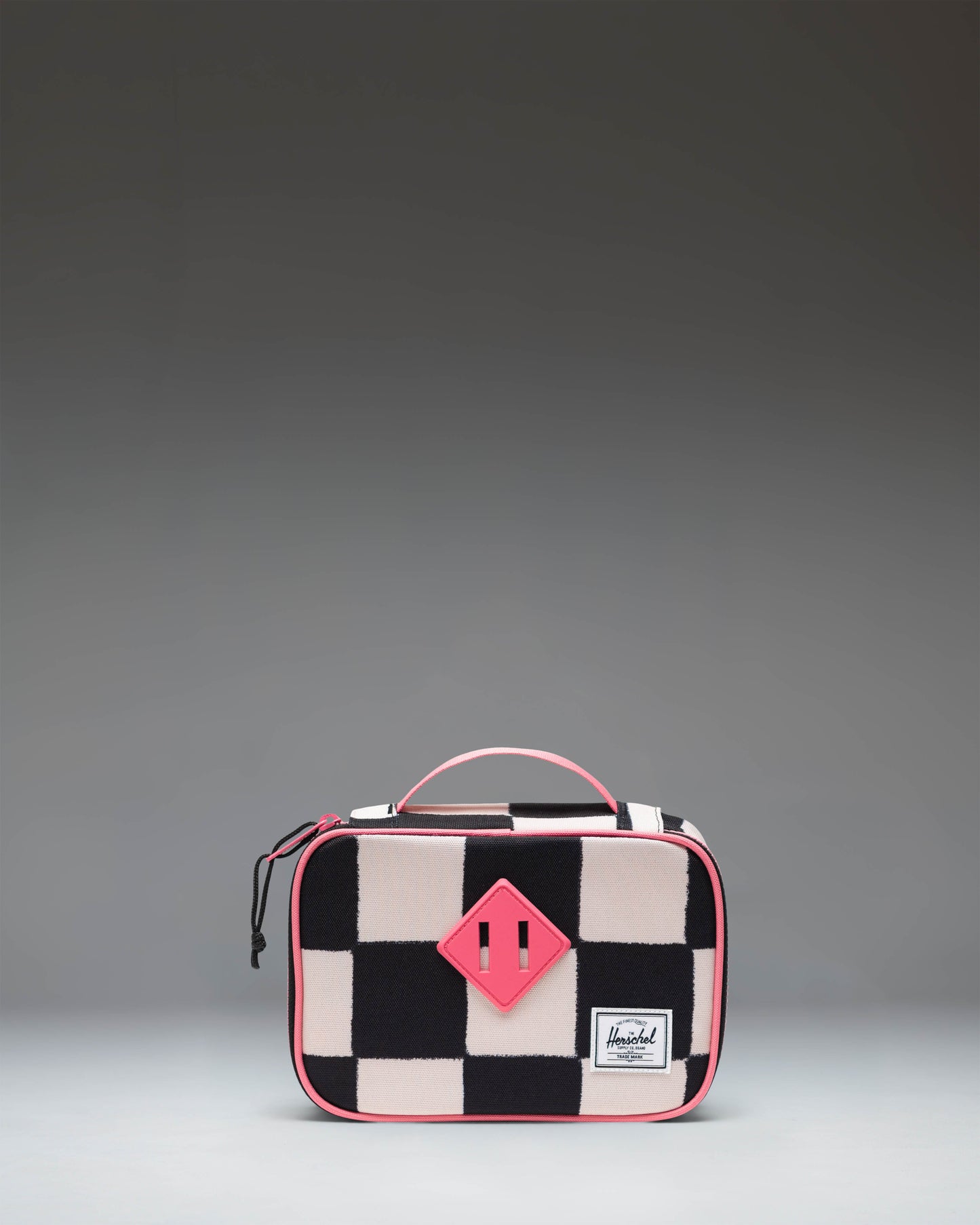 Herschel Heritage Pencil Case Little Herschel in Check This Confetti, showing the side view and classic woven label.
