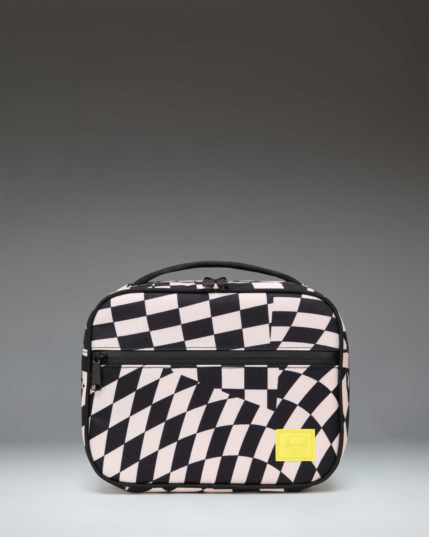 Herschel Supply Co. Pop Quiz Lunch Box Little Herschel in Warp Check pattern, a structured lunch bag with a front zipper pocket.