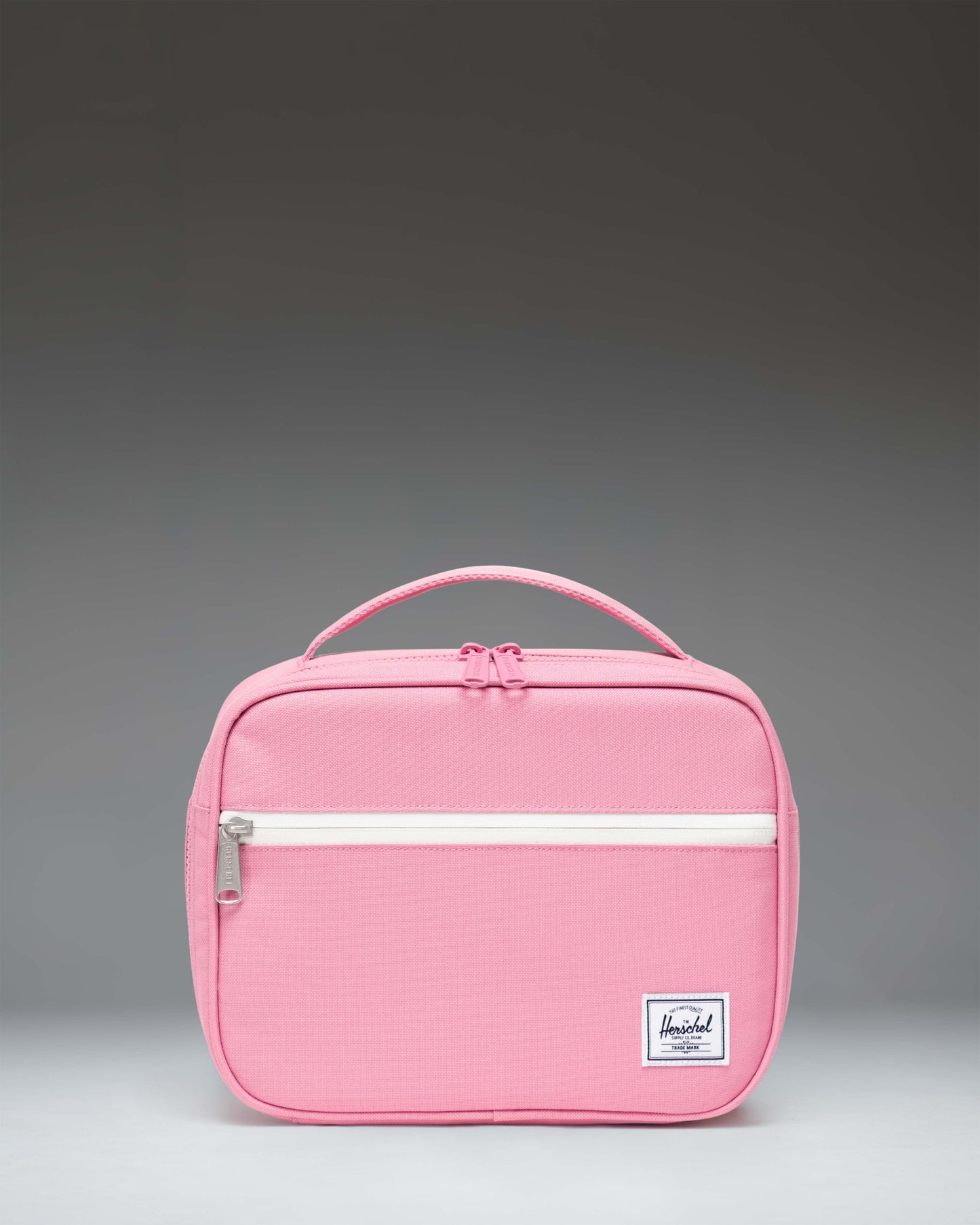 Herschel Supply Co. Pop Quiz Lunch Box Little Herschel in Cashmere Rose pink with a white front zipper pocket.