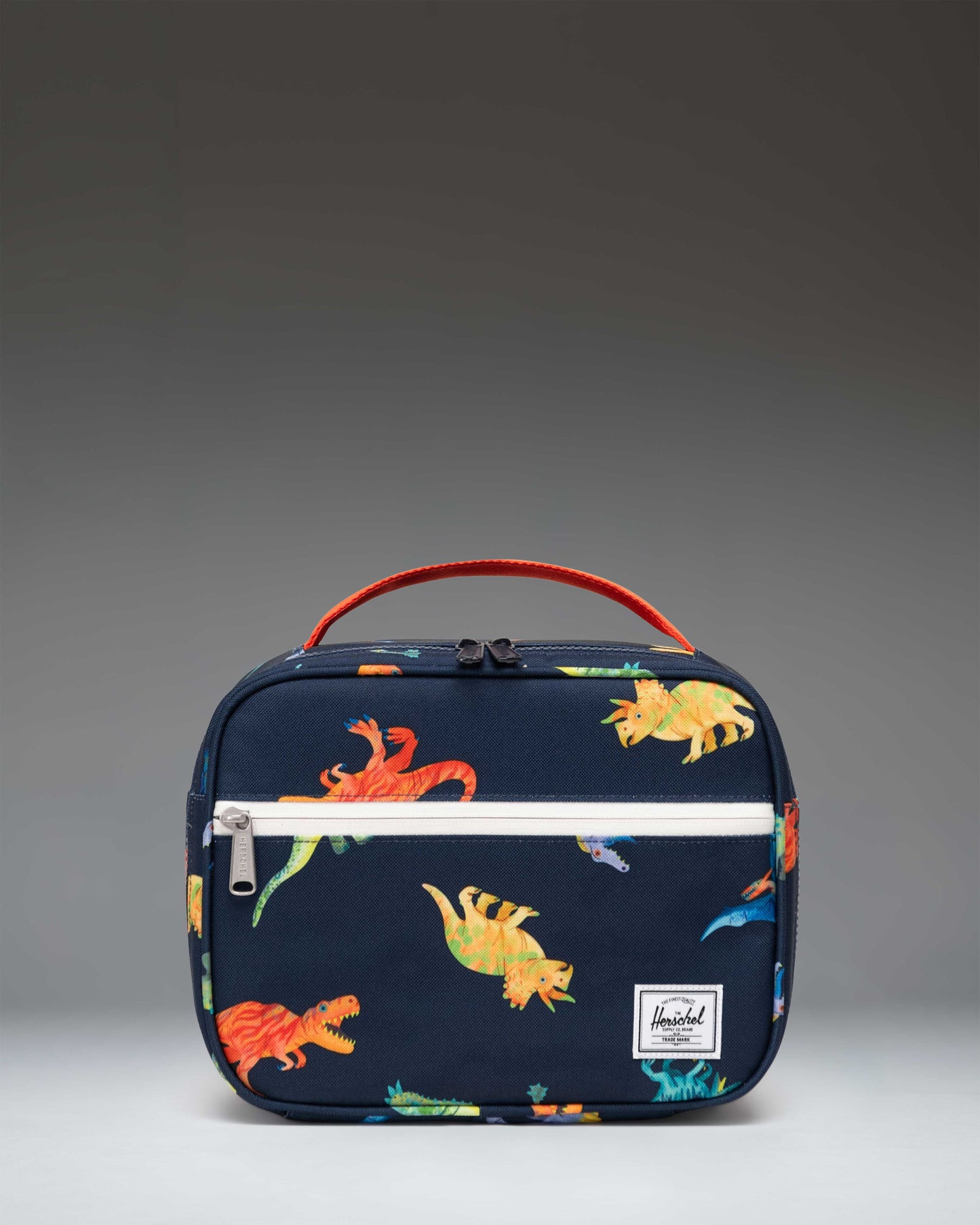 Herschel Supply Co. Pop Quiz Lunch Box Little Herschel in Water Colour Dinosaurs Darkest Navy, featuring colorful dinosaur illustrations.