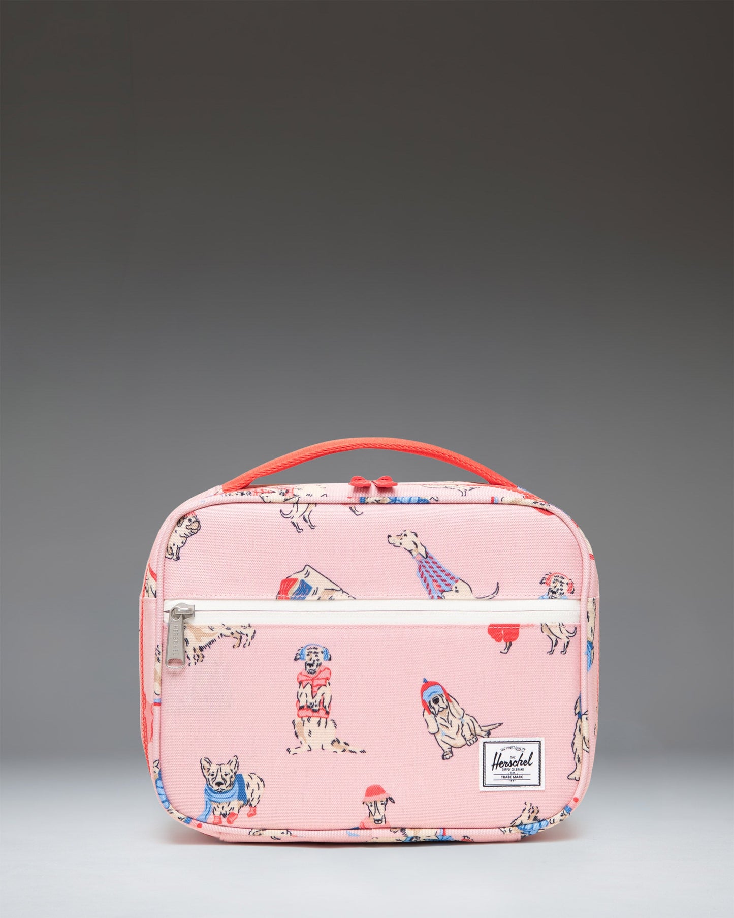 Little Herschel Pop Quiz Lunch Box in the Fashion Dogs print, featuring a playful pattern of various illustrated dogs on a light background.