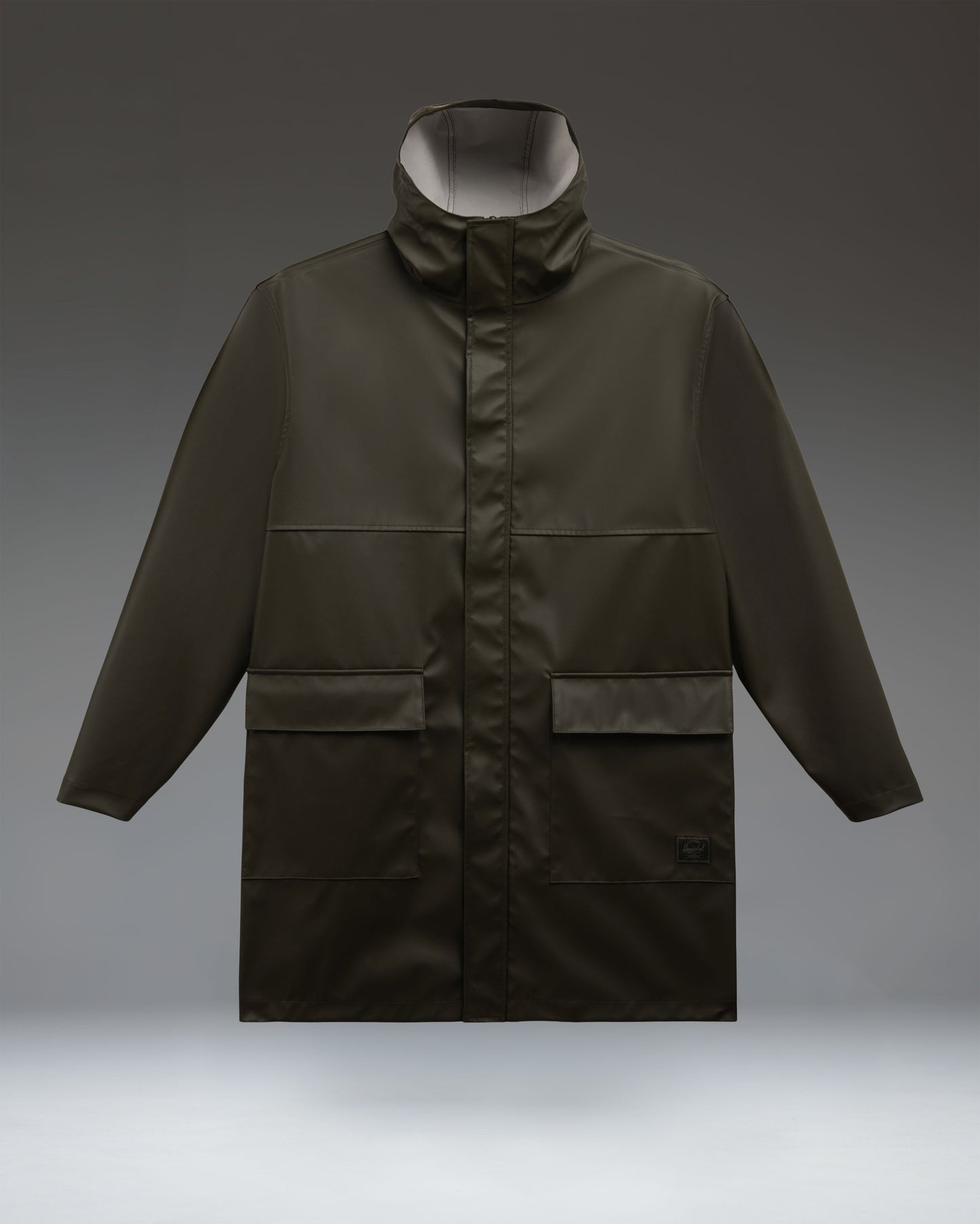 Men's Herschel Supply Co Long Classic Rain Jacket in rosin green, front view.