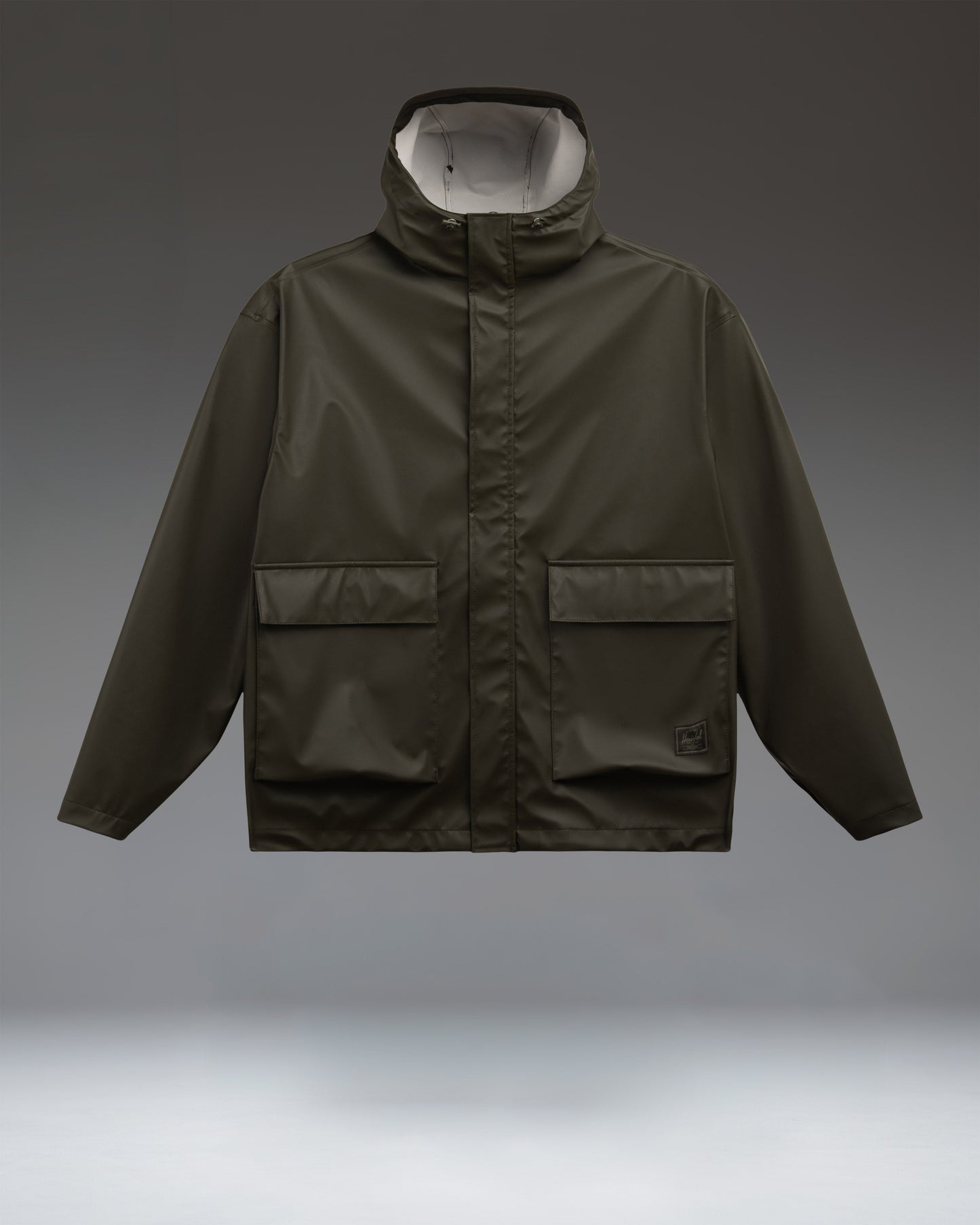 Herschel Supply Co. McLeod Rain Jacket Men's in Rosin, a water-resistant, windproof olive green jacket featuring a hood, hem, and adjustable cuffs.