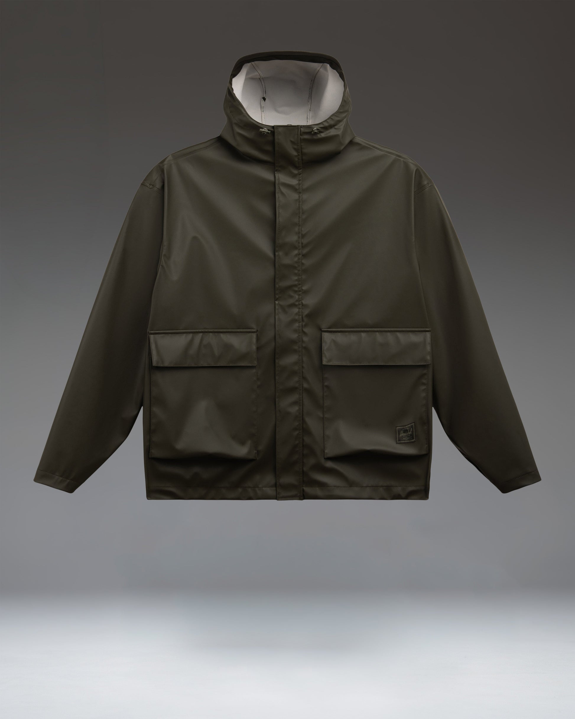 Herschel Supply Co. McLeod Rain Jacket Men's in Rosin, a water-resistant, windproof olive green jacket featuring a hood, hem, and adjustable cuffs.