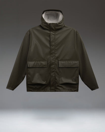 Herschel Supply Co. McLeod Rain Jacket Men's in Rosin, a water-resistant, windproof olive green jacket featuring a hood, hem, and adjustable cuffs.