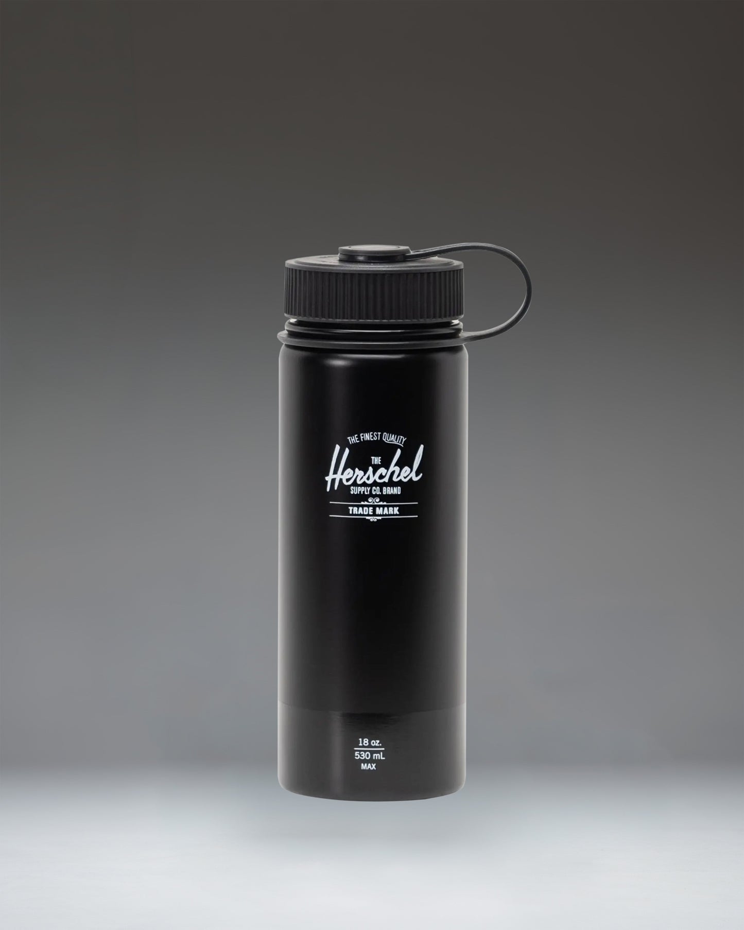 Herschel Supply Co. matte black insulated 18oz water bottle with a gloss finish logo band.