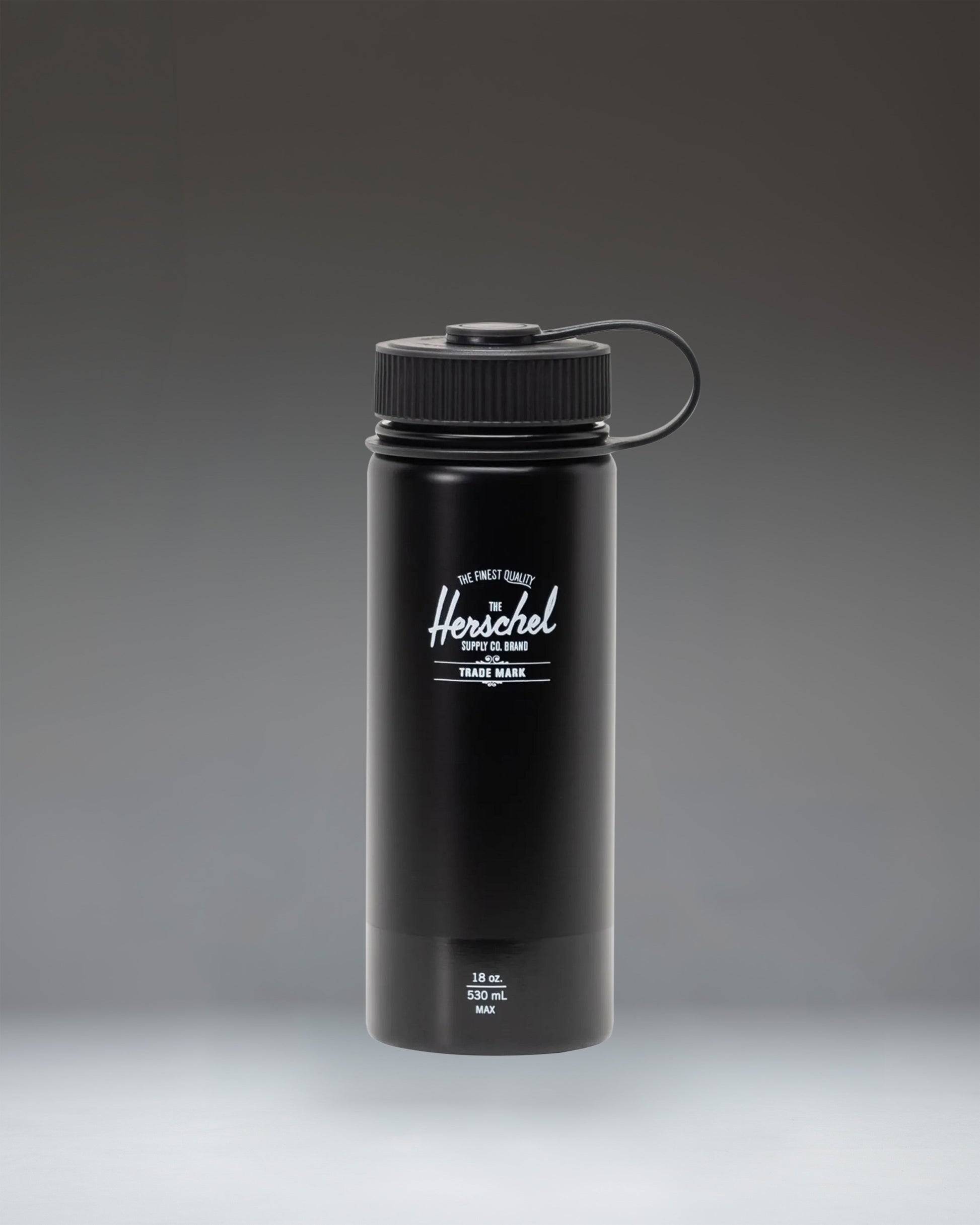 Herschel Supply Co. matte black insulated 18oz water bottle with a gloss finish logo band.