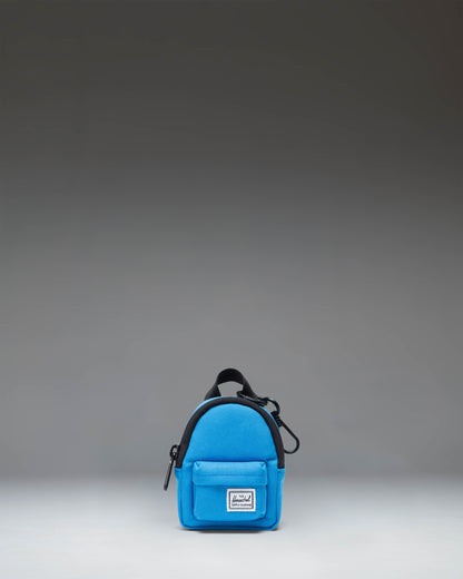Herschel Classic Backpack Bag Charm in French Blue, showcasing its miniature design, zipper closure, and key ring attachment.